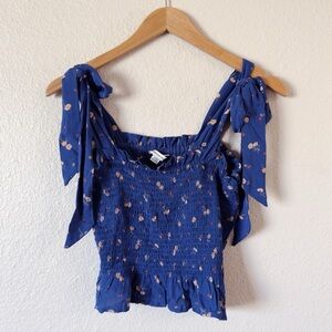 American Eagle Smocked Tie Strap Crop Floral Blue Tank Top size S